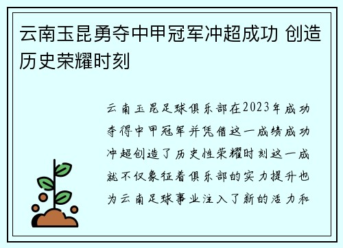 云南玉昆勇夺中甲冠军冲超成功 创造历史荣耀时刻